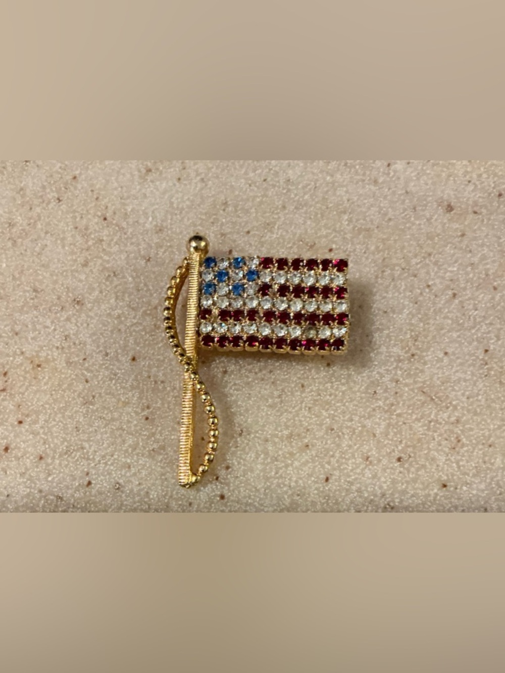 Gold-Tone American Flag Rhinestone Brooch - Red/Blue/Clear